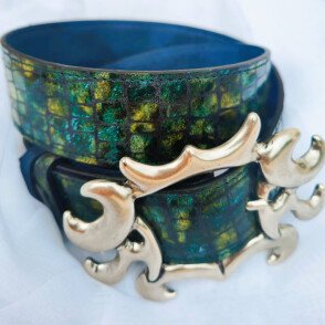 Ceinture reversible femme Croco vert / Bleu newport